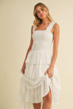 ID8988-B FLORAL EYELET RUFFLE STRAP SMOCKED TIERED MAXI