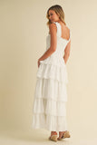 ID8988-B FLORAL EYELET RUFFLE STRAP SMOCKED TIERED MAXI