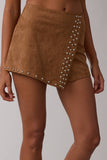 SUEDE STUDDED DETAIL ASYMMETRIC WRAPPED MINI SKORT