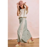 FLORAL EYELET SIDE ELASTIC STRIPES WIDE LEG PANTS