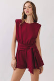 CP10295-Padded Shoulders Elasticized Waist Back Tie Romper