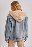 BUTTON DOWN FAUX FUR HOODED DENIM JACKET