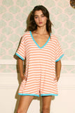 R5596A Striped Knit Binding Details V-neck Romper