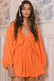 R5268D  Smocked V-neck Ruffled Solid Woven Romper