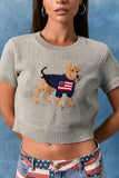 "DOG WITH FLAG" GRAPHIC SHORT SLEEVE CREW NECK SWEATER TOP