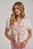 FLORAL EMBROIDERED TIE FRONT SHORT SLEEVE TEXTURED WOVEN TOP
