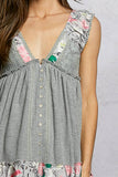 V-neck Thermal Lace Contrast Ruffle Floral Print Sleeveless
