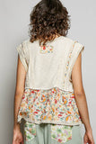 V-neck Floral Pattern Trim Ruffle Rib Knitted Sleeveless Top