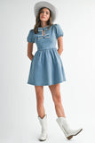 ND0002 Bow lace puff Mini Denim Dress