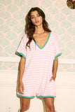 R5596A Striped Knit Binding Details V-neck Romper