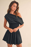 ID9559  OFF SHOULDER SMOCKED WAIST MINI DRESS