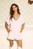 R5596A Striped Knit Binding Details V-neck Romper