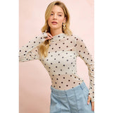 HIGH NECK LINE POLKA DOTS MESH TOP WITH THUMB OPENING