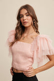 Tulle Ruffle Sleeve Smocked Top