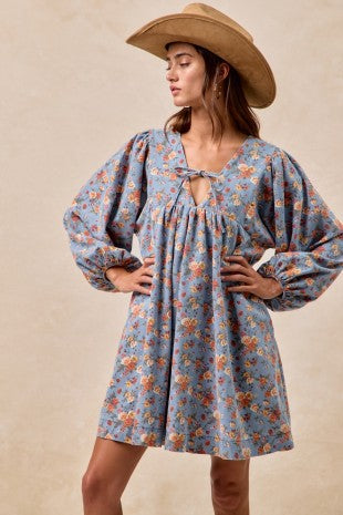 Washed Floral Denim Front Tied Dress