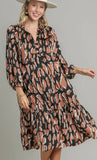 Satin Animal Print 3/4 Sleeve Collared Midi Dress