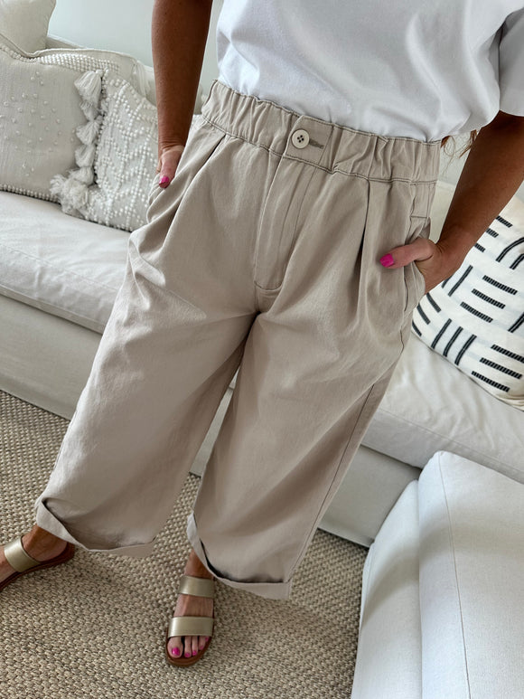 Khaki Elastic Waist Wide Leg Pants