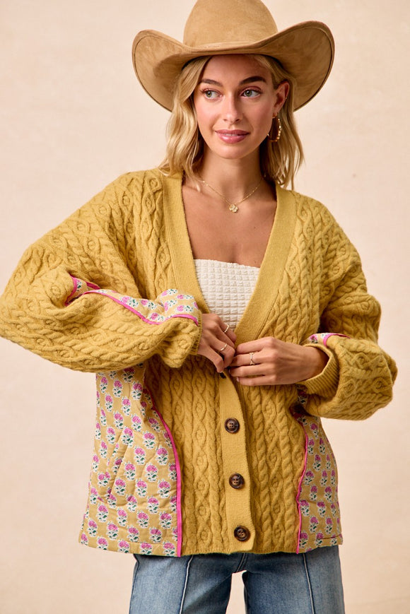 Cable Knit Flower Printed Combo Button Up Cardigan