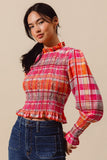 Check Plaid Woven Smocked Blouse Top