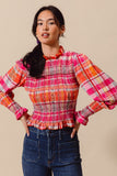 Check Plaid Woven Smocked Blouse Top