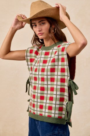 Christmas Plaid Pattern Side Tied Sweater Vest