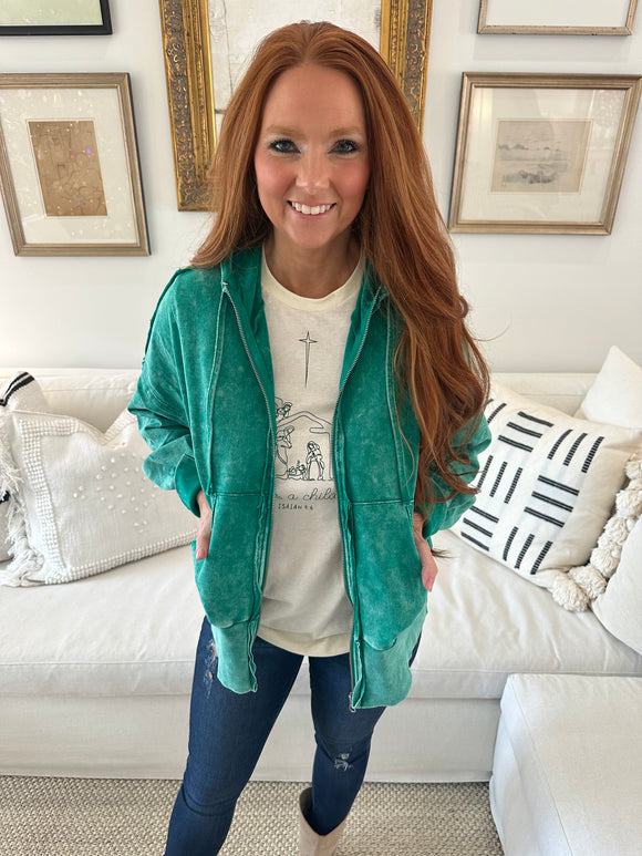 Kelly Green Acid Wash Zip Up Pullover