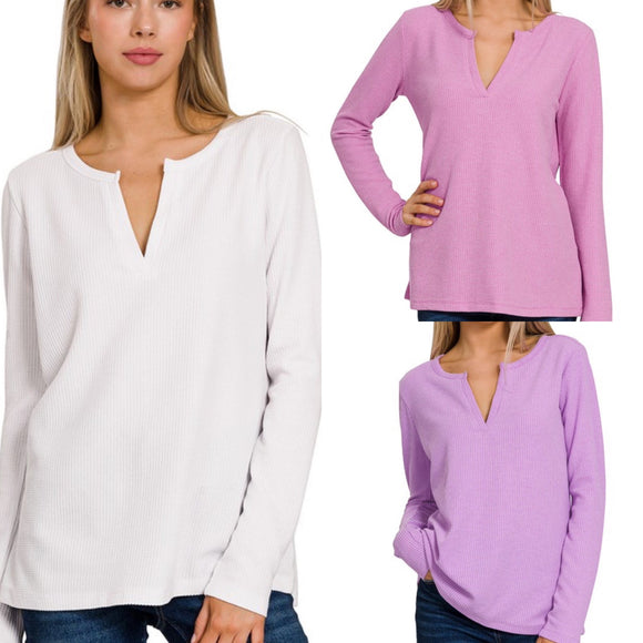 Waffle Knit V-Neck Long Sleeve Top