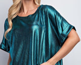 Teal Round Neck Pleated Lurex Knit Top