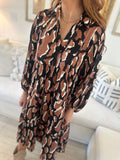 Satin Animal Print 3/4 Sleeve Collared Midi Dress