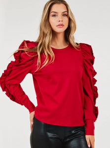 RED LONG PUFF SLEEVE DETAILED BLOUSE