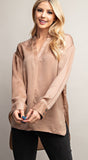 Taupe V-Neck Collared Satin Shirt