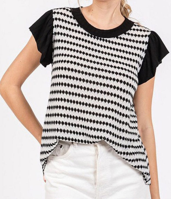 Black and White Waffle Knit Blouse