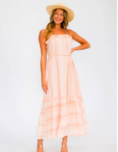 PEACH SLEEVELESS RUFFLE TIERED SMOCK MIDI DRESS