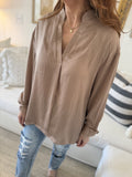 Taupe V-Neck Collared Satin Shirt