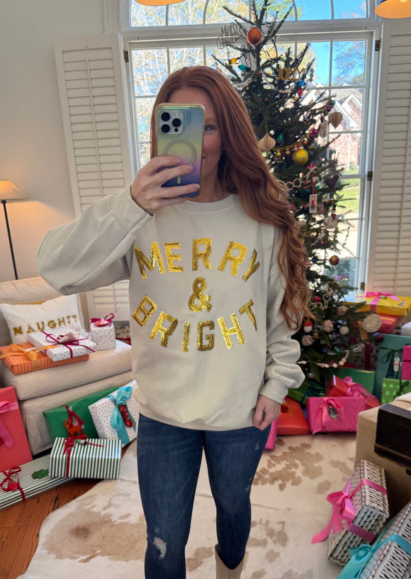 Oatmeal Merry and Bright Sequin Sweatshirt