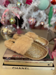 Faux Fur Gold Gliiter Slippers