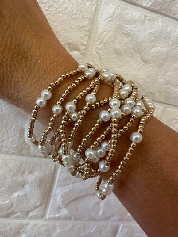 Set of 10 Gold/Pearl Beaded Stretch Bracelets