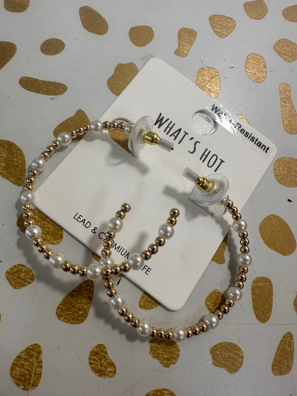 Gold Pearl Beaded Hoops