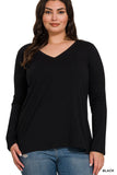 Plus Cotton V-neck Long Sleeve T-shirt