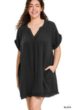 Plus Double Gauze Raw Edge V-neck Dress