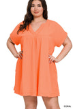 Plus Double Gauze Raw Edge V-neck Dress
