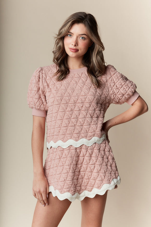 Quilted Puff Sleeve Top And Skirt Set