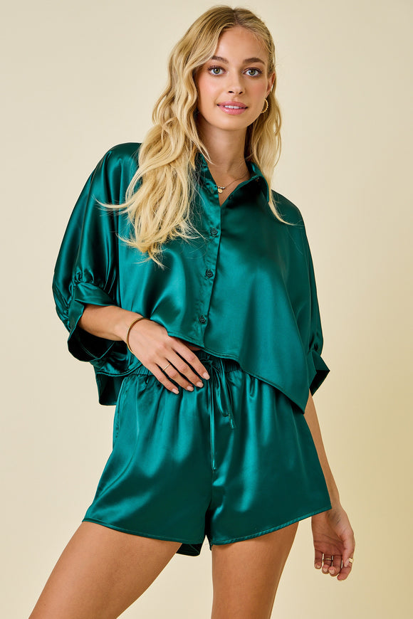Satin Button Down Oversized Shirt & Shorts Set
