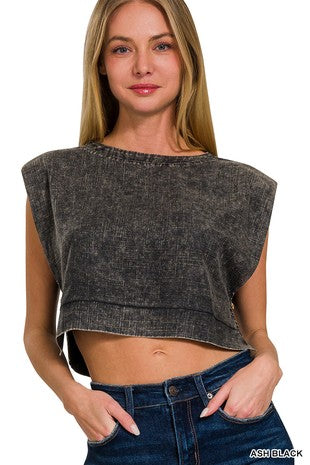 Acid Washed Side Button Muscle Crop Top