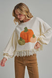 PUMPKIN APPLIQUE FALL THANKSGIVING TOP WITH EYELASH LACE HEM