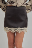 SATIN TEXTURE MINI SKIRT WITH EYELASH LACE AND SHORTS LINING