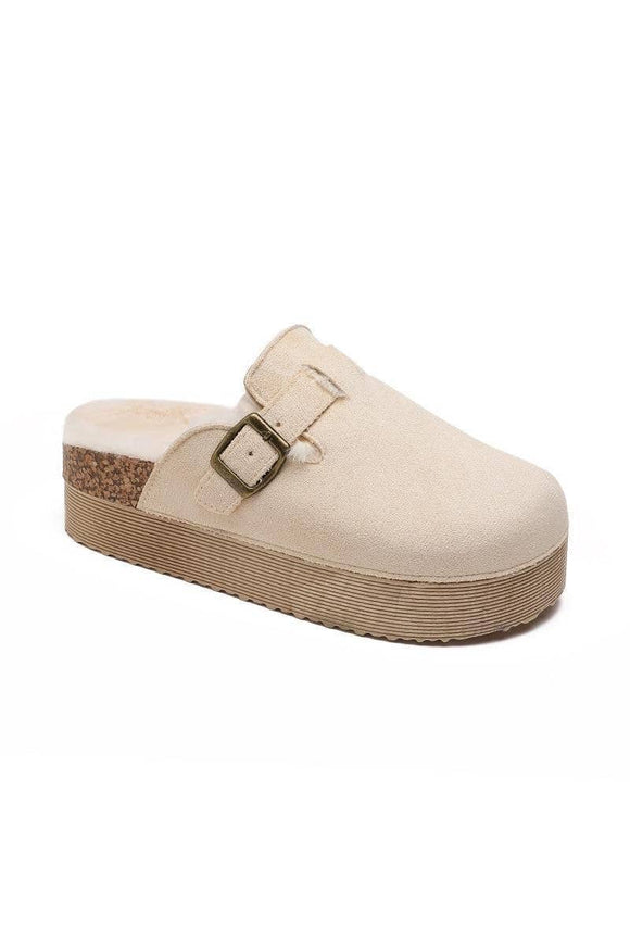 WOMEN'S CHUNKY FLATFORM SLIPPERS WITH BUCKLE FLUFFY INSOLE