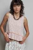 Round Neck Ruffle Hem Trim Detail Floral Sleeveless Top