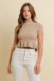 MOCK NECK RIBBED RUFFLED SHORT SLEEVE SWEATER