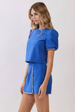 CT10057-Whipstitch Trim Puff Sleeve Crop Top
